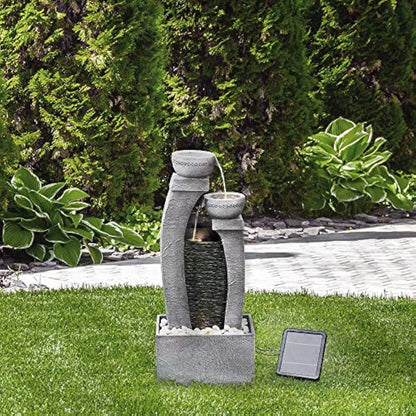 Teamson Home Solar Powered Water Feature, Indoor or Outdoor Garden Water Fountain, Indoor Waterfall with Battery Back Up and LED Lights, 3 Tier, Grey