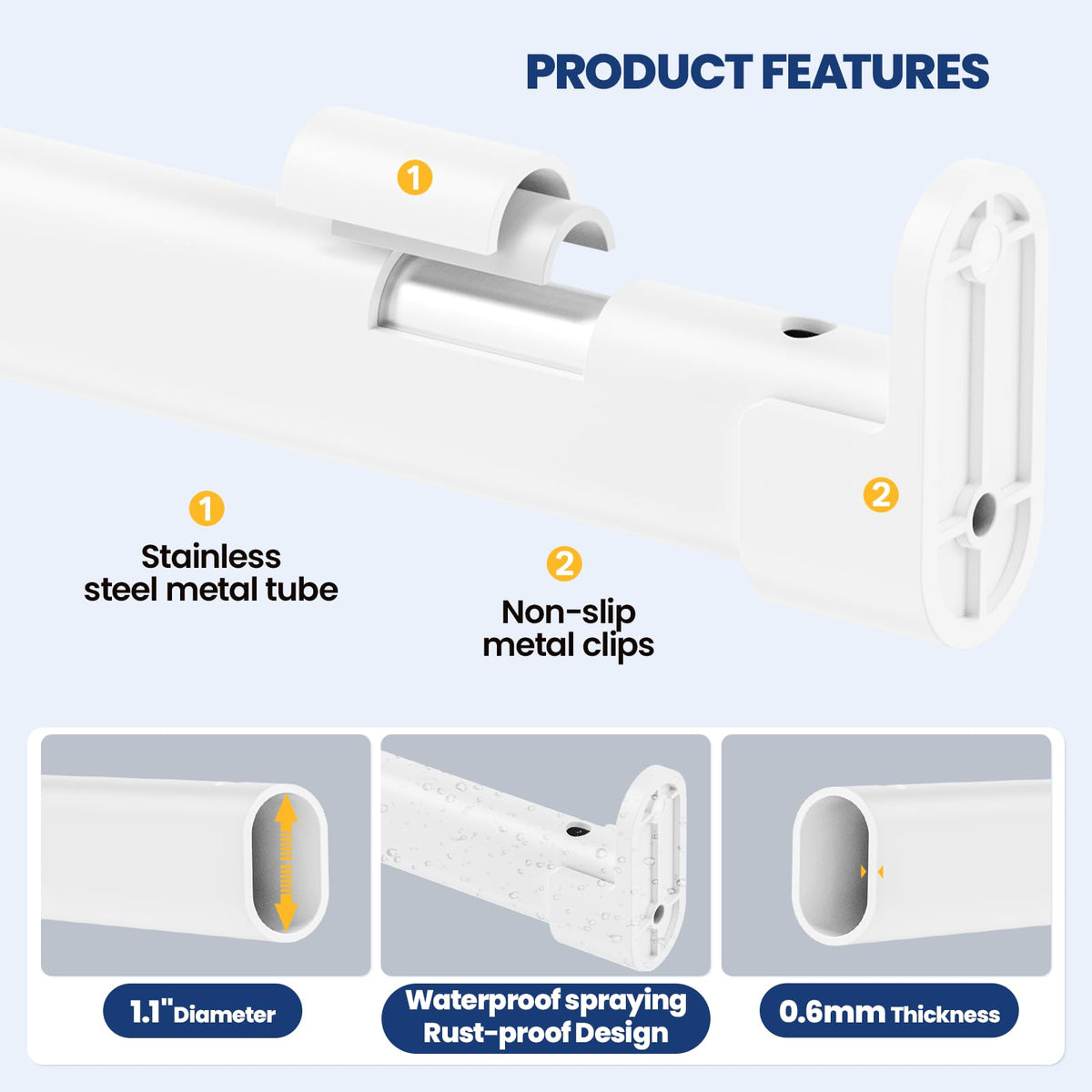 Wardrobe Rail Pole,Clothes Rail 42-101CM Adjustable Stainless Steel(White)