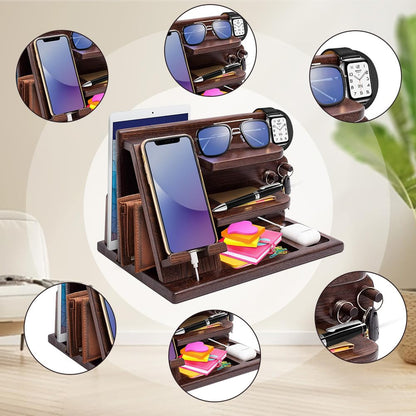 AliveByte Men's Bedside Organiser - Wooden Phone Docking Station & Table Organiser - Brown - 3 Levels - Easy Assembly - Gift for Him