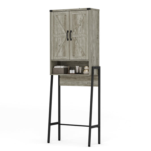 BonVache Over Toilet Storage Cabinet with 2 Doors and Open Shelve, Bathroom Storage Unit Metal Legs for Modern Home, Grey