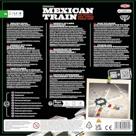 Tactic Mexican Train Domino Game for Kids, Adults, 2-8 Players - Portable, Compact Colored Domino Train Game in a Tin Box - Perfect for Game Nights, Get Togethers