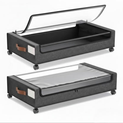 STOROX Under Bed Storage Box with Wheels, 2 Pack, Grey Fabric Rolling Storage with Clear Window, Zippered Underbed Storage for Clothes