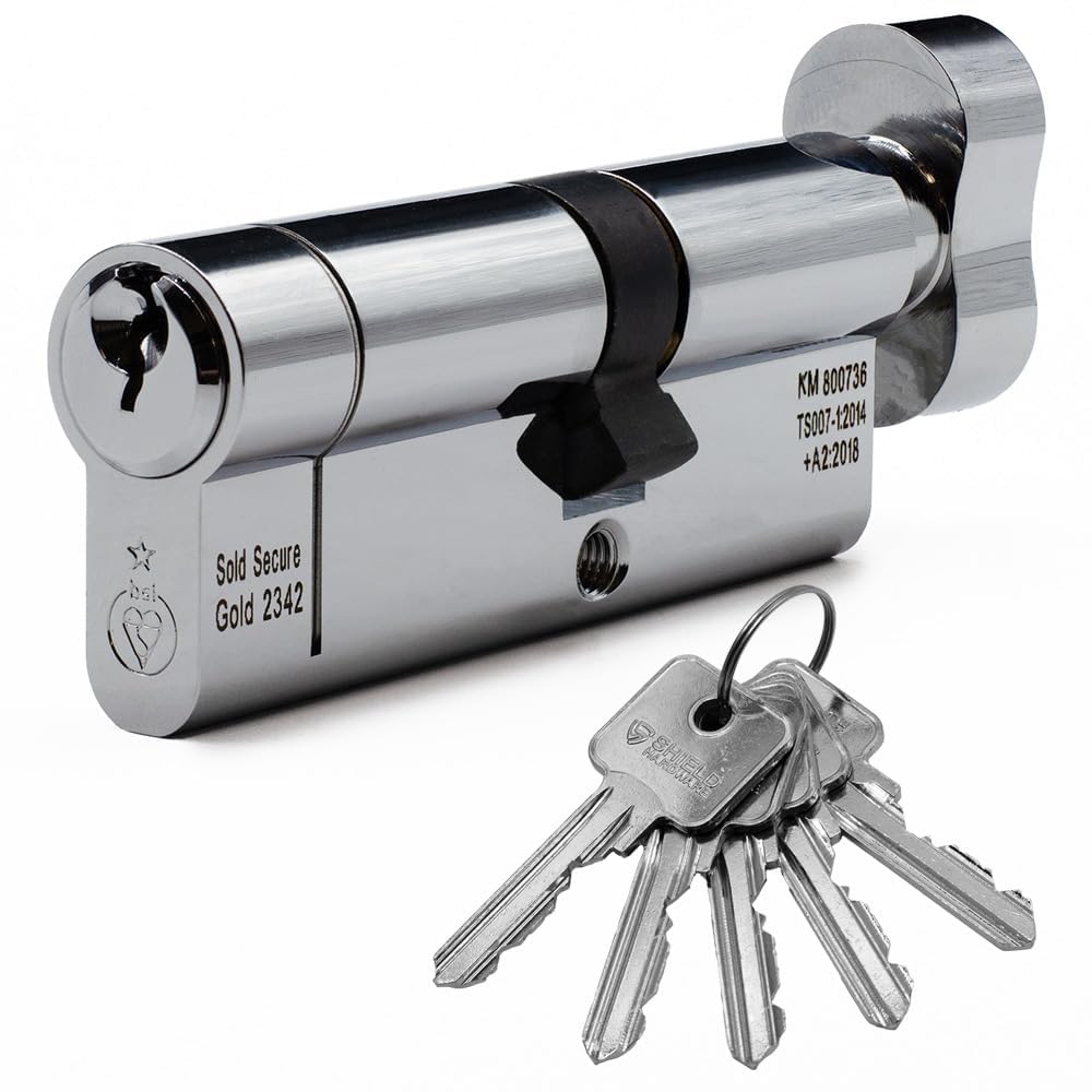Euro Cylinder Door Lock Thumb Turn Chrome - BSI TS007 Sold Secure Gold Anti-Snap - Includes 5 Keys 40T/50