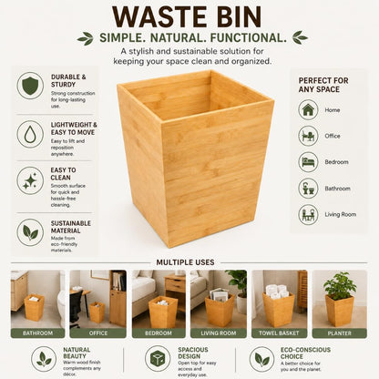 woodluv Trash Can Waste Bin Paper Bin, Wastebasket Wooden Rubbish Trash Can for Home or Office