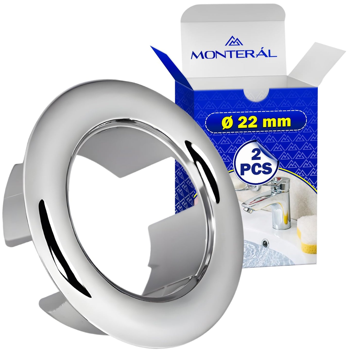 2x Bathroom Sink Overflow Ring Ø22mm - Sink Overflow Cover Chromed Plastic