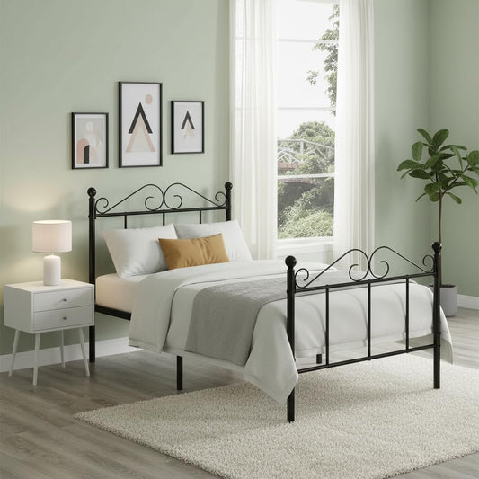 FurnitureR 3ft Single Bed, Metal Platform Bed Frame Solid Bedstead Base High Headboard and Footboard,28cm Height Underbed Storage Space, Fits for