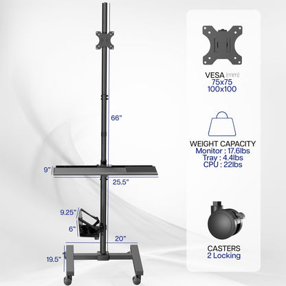 VIVO Black Computer Mobile Cart Rolling Stand | Adjustable Monitor Mount 32" Case Holder & Keyboard Tray Moving Workstation (CART-PC02T)