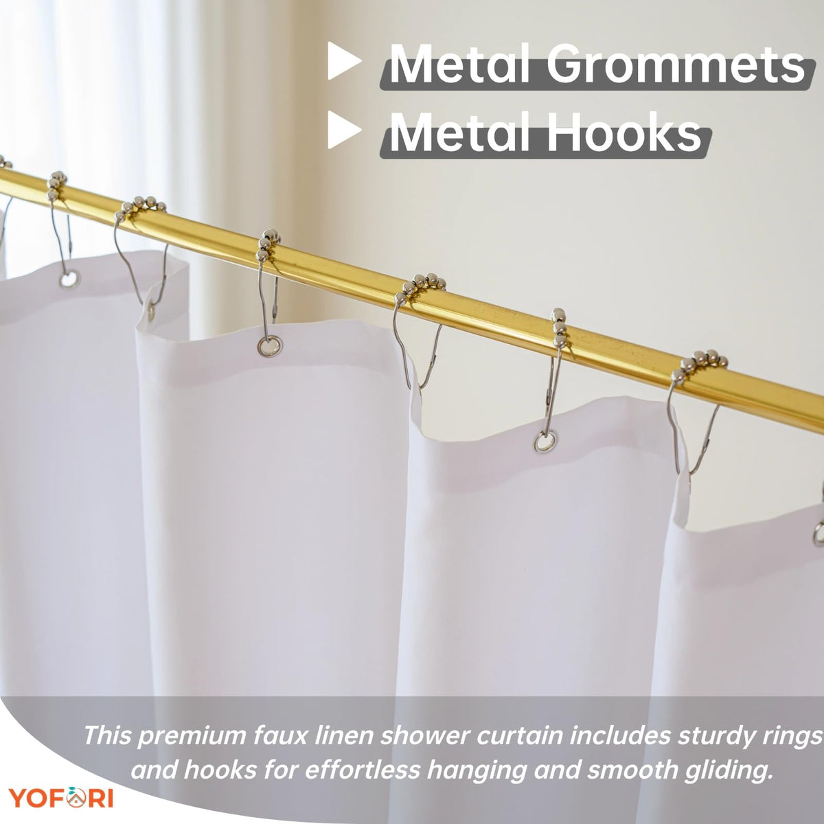 Yofori White Shower Curtain for Bathroom, Fabric Shower Curtains Faux Linen Polyester Wet Room Shower Curtains Sets with Metal Hooks, 183x183cm