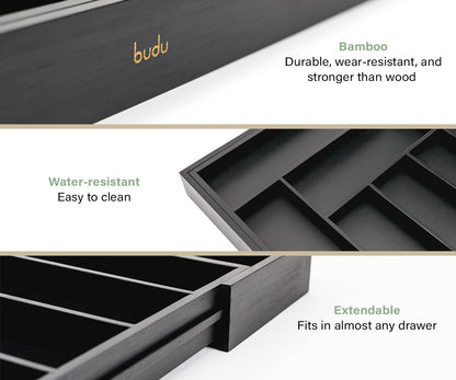 budu Cutlery Tray #45 (Depth 45 cm) Made of Bamboo - Black - Drawer Organiser System for the Kitchen - Cutlery Tray for Bamboo Drawers - Extendable -