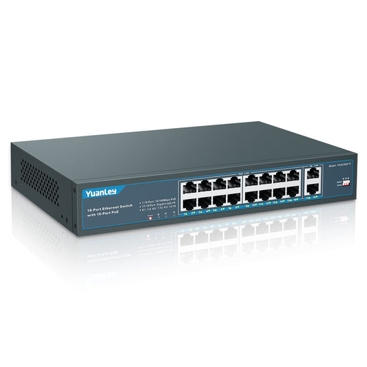 YuanLey 18 Port PoE Switch, 16 PoE+ Port 100Mbps, 2 Uplink Gigabit, 250W Built-in Power, 802.3af/at, Rackmount Unmanaged Plug and Play