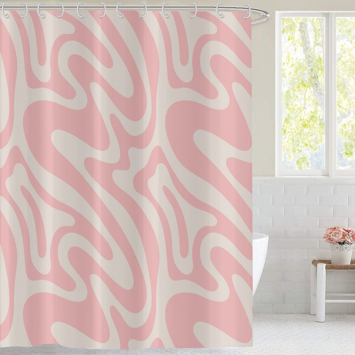 Hnmdmyi Pink Shower Curtain 120x180, Abstract Retro 70s Shower Curtains Modern Aesthetic Wavy Swirl Minimalist Girls Bathroom Curtains Waterproof
