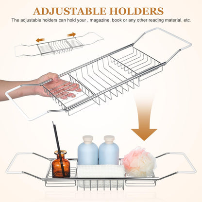 DOITOOL Adjustable Stainless Steel Bathtub Rack Expandable Bath Tray with Anti-Slip Holders for Books Phone and Wine Glass Bathroom Storage