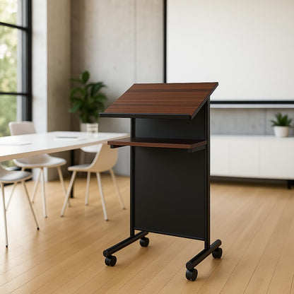 Audio-Visual Direct Wheeled Lectern Podium - Standing Desk with Storage Shelf - Cherry/Black - Ideal for Presentations and Laptop Use