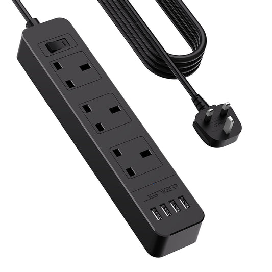 JSVER Extension Lead with USB Slots, 5M Power Strip 3250W 13A with 3Way and 4 USB Smart Charging Ports Desk Power Socket with Switch for Home