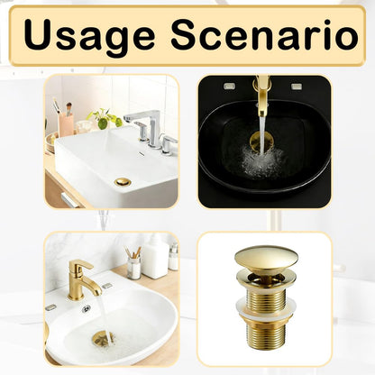 Gold Brass Basin Plug, Basin Sink Waste Slotted Pop Up Drain Plug, 1 PC Waste Drain Without Overflow for Wash Basin, Bathroom, Kitchen, Vessel Sinks