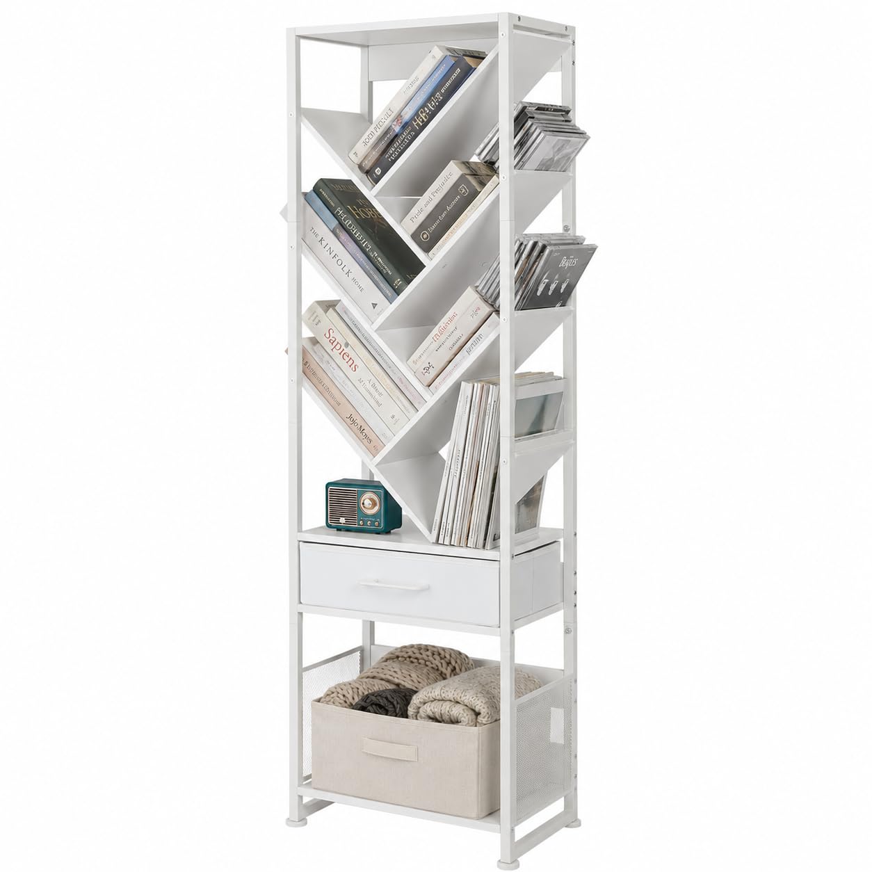 ruboka Tree Bookshelf with Side Table, Tall Bookcase with Storage Cabinet, Floor Standing Modern Narrow Bookshelves Organizer for Bedroom/Living