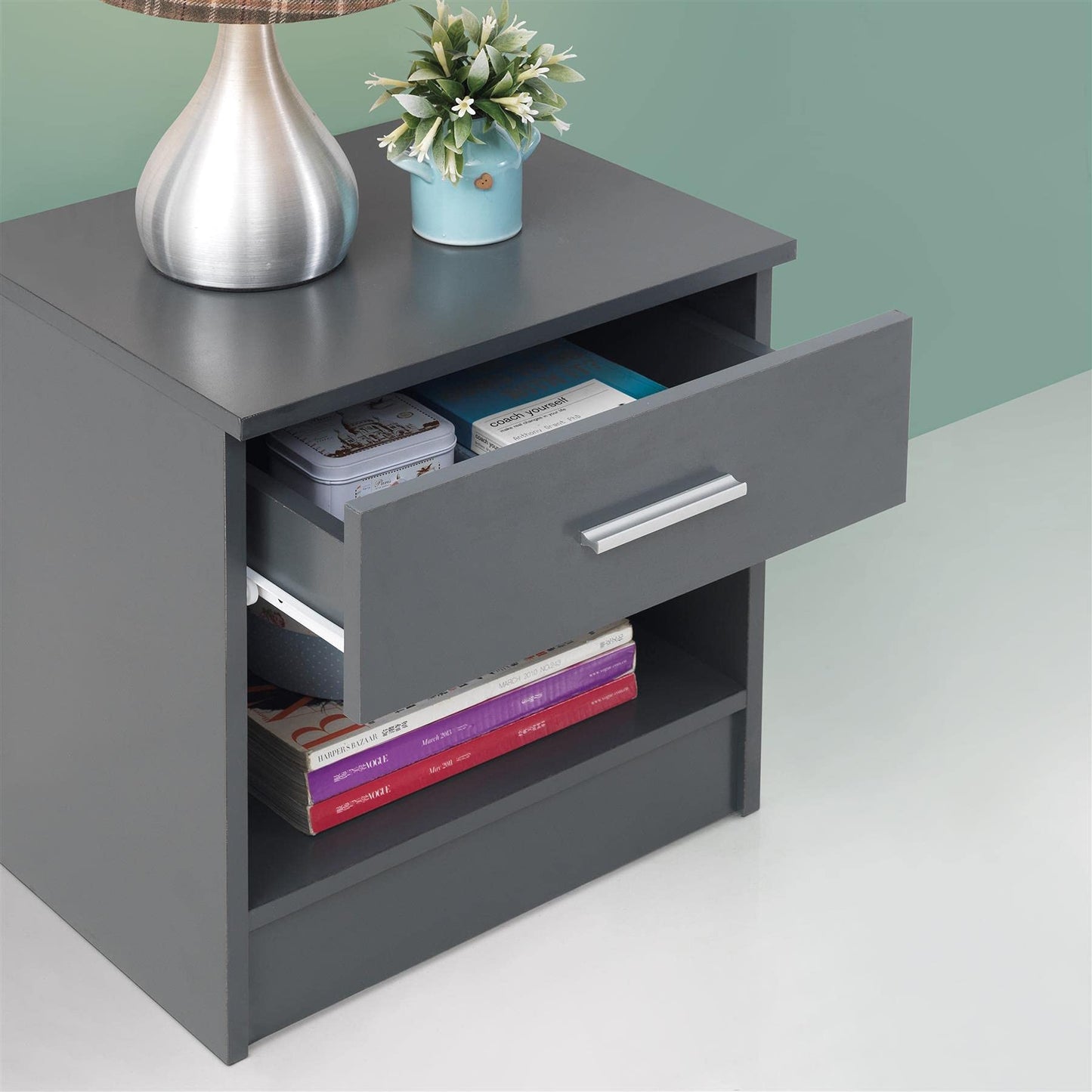 Timber Art Design UK Rio Costa Bedside Cabinet Home Office Bedroom Furniture Aesthetic Nightstand Table 1 Drawer with Metal Handle, Dark Grey