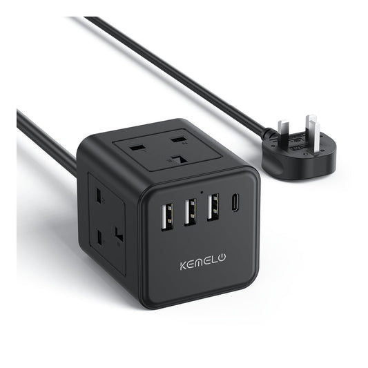 3M Cube Extension Lead with USB, Kemelo 4 Way (13A/3250W) Plug Extension Socket with 3 USB A & 1 USB C, Child Safety Extension Cord,Black Cube Power