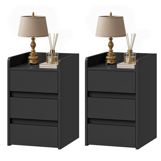 DWVO 2-Piece Bedside Table Set with 3 Drawers, Compact Nightstand Side Table for Bedroom, Living Room Storag, Black, 35x40x59cm