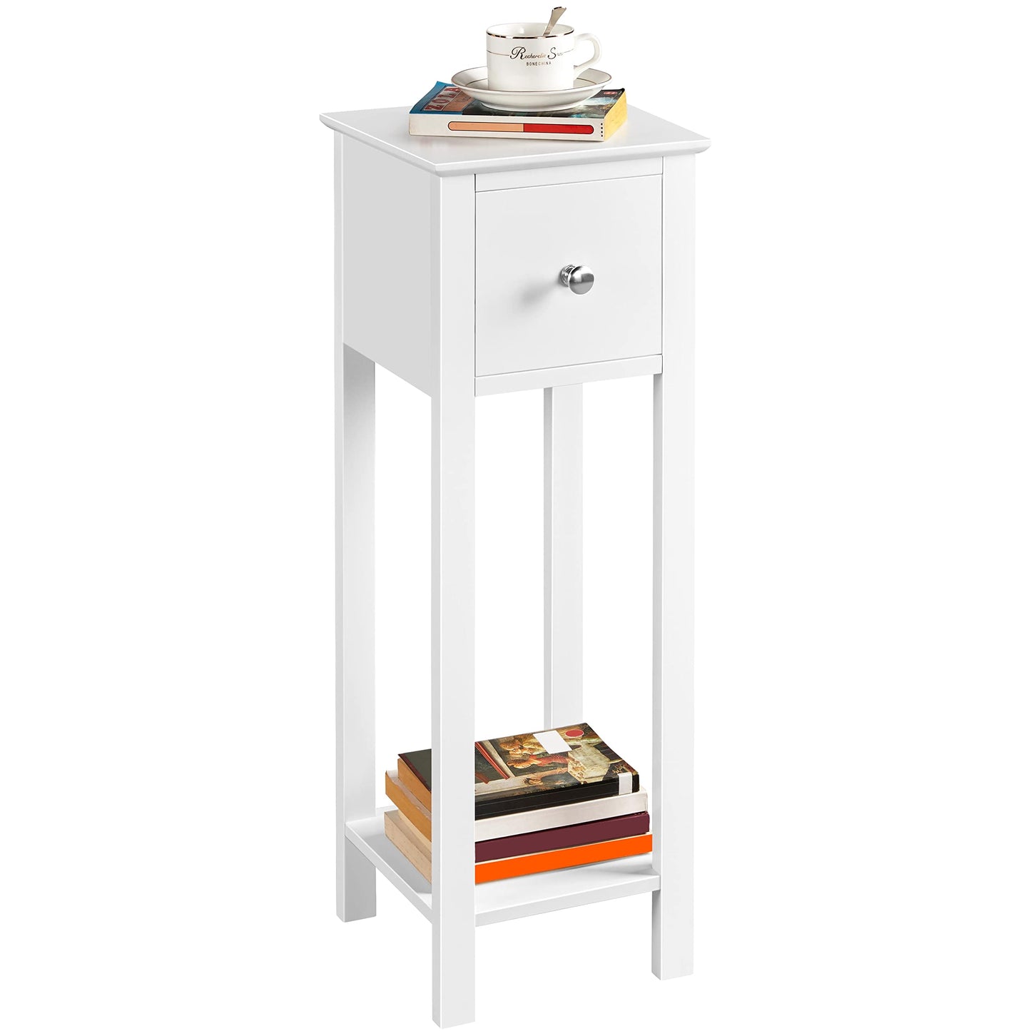 Yaheetech Tall Slim Bedside Table with Drawer and Shelf, White