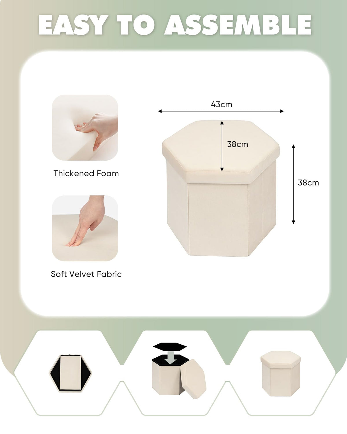Bonlife Folding Storage Ottoman Hexagonal, Footrest with Toy Ches Box, 43cm
