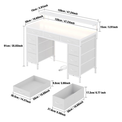 Flrrtenv Computer Desk with 9 Drawers & LED Light, 120 x 50 cm Home Office Desk with Storage & Power Outlets USB Type-C