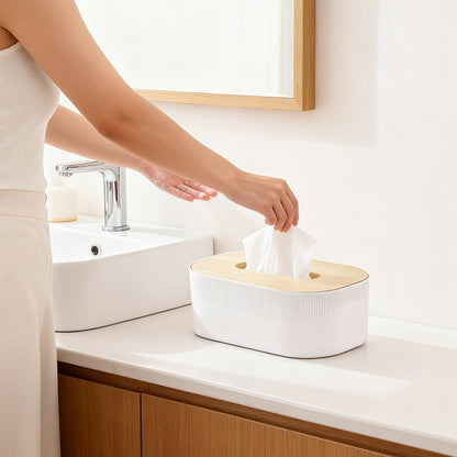 Tuevob Tissue Box Holder with Wooden Top Rectangular Cube Toilet Facial Paper Towel Wet Wipe Dispenser Tissue Box Car Bathroom Kitchen Decorative
