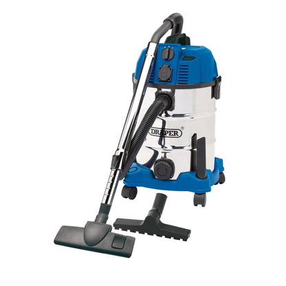 Draper 1600w Wet and Dry 30 Litre Vacuum Cleaner 1.5m Flexible hose and Accessories - Home DIY Car Carpet Workshop and Professional Use