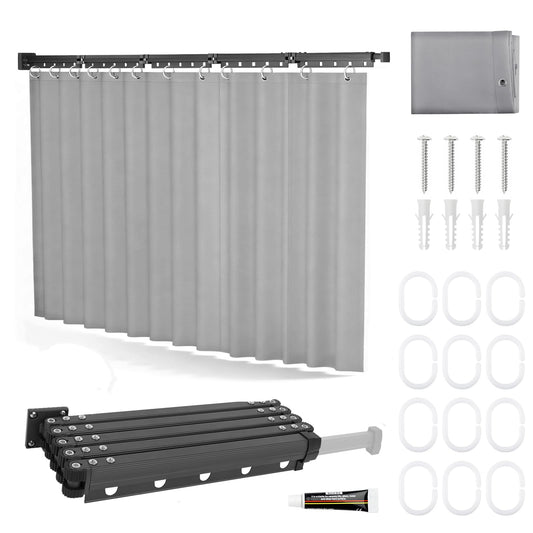 Wall Mounted Foldable Shower Curtain Rod Set, 1.8m ? 2m Waterproof Grey Shower Curtain, No-Drilling, 5-Fold Multi-Angle Folding Wall-Mounted Corner