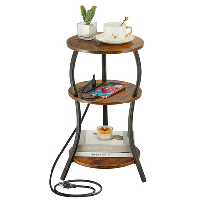 YEAKOO Small Side Table with Charging Station,3-Tier Round end Table