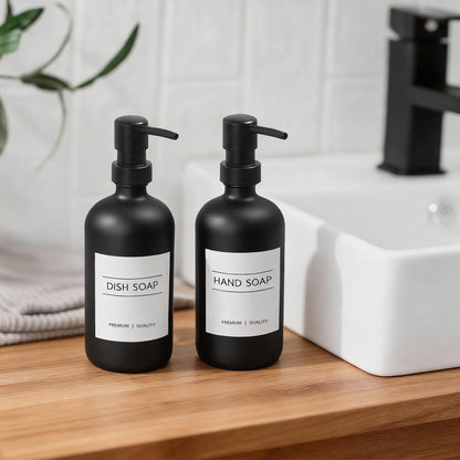 Washing Up Liquid Dispenser,17 fl oz Black Glass Soap Dispensers, Kitchen Soap Dispenser Set