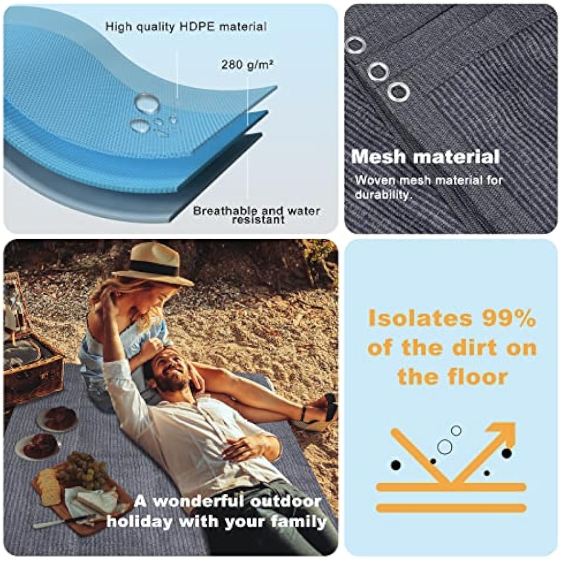 FoundGo Awning Carpet with Eyelets, 280g/m² HDPE Camping Carpet，Outdoor Awning Floor with Carrying Bag，Ground Nails and Small Broom