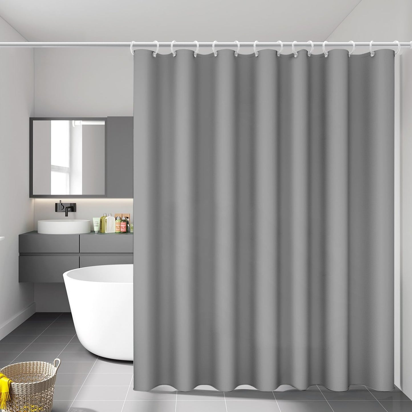 Vinabo Grey Shower Curtain, 180 x 200 cm Bathroom Curtains, Washable Shower Curtain with 12 Hooks, PEVA Fabric Curtain