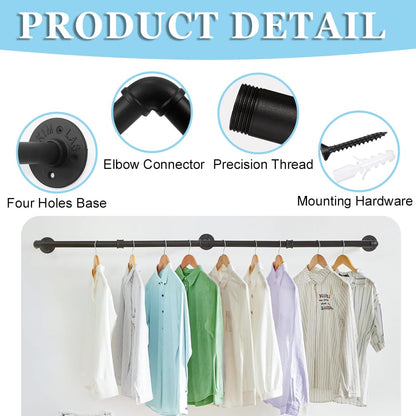 Exquilnova 120CM Wall Mounted Clothes Rail,Black Metal Clothing Rack,Multifunctional Heavy Duty Clothes Rail,Hanging Rails Suitable for