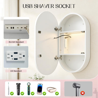 Janboe Oval Mirror Cabinet with Light,41×71cm,3 Colors&Dimmer,Defogger,Internal LIghting,Powerer Coating Iron,USB Shaver Socket,White