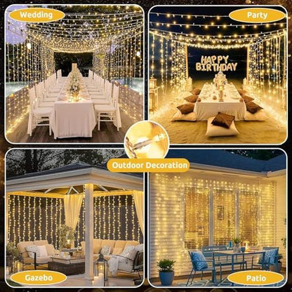 Joycome 2 Pack 600 LED Curtain Lights 6m x 3m Curtain Fairy Lights Plug in, 8 Modes Waterproof Window Lights for Gazebo Wall Wedding Xmas Indoor Outdoor Decorations - Warm White