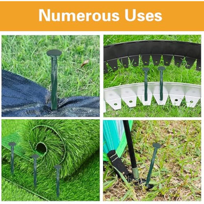 Bakulyor 100 Pack Metal Landscape Stakes, 8 Inch Artificial Grass Spikes, 6 Gauge Large Landscaping Staples, Green Edging Anchor Stake for Garden Ground Grass Lawn Paver Timber Border Weed Barrier 8"