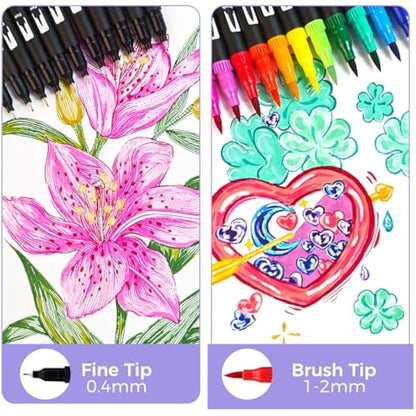 Artecho 24 Dual Tip Brush Pens，Colouring Pens brush pens for Adult，Colouring Books，Calligraphy，Drawing，Sketching, nylon tip for Artists，Beginners