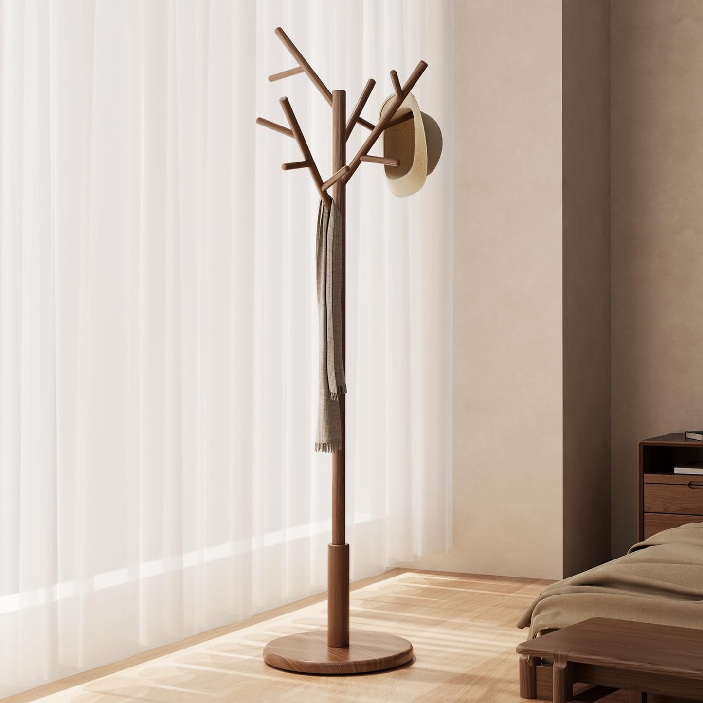 AQIMUELE Coat Stand, Wooden Coat Rack, Freestanding Stand with 12 Hooks, 3 Heights for Clothes, Hats, Bags, Coat Stands for Hallway, Small Space