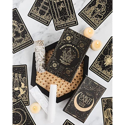 Mystical Gold Foil and Black Tarot Cards with Guide Book for Beginners and Advanced Tarot Readers; Large Tarot Deck with Extensive Guidebook of the Symbolic Meanings of Past History and Future Destiny