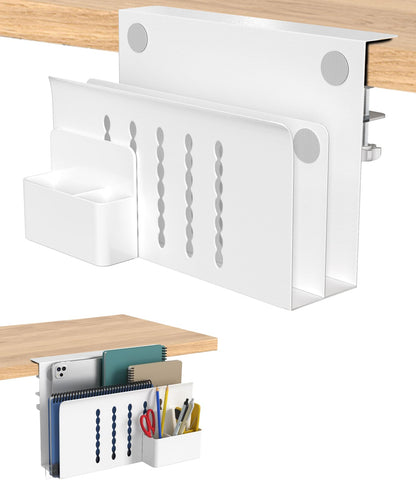 Torchesy Laptop Stand Vertical Under Desk Storage Mount With Side Storage for All Laptops and Tablets (White, Double Layer With Pen Holder)