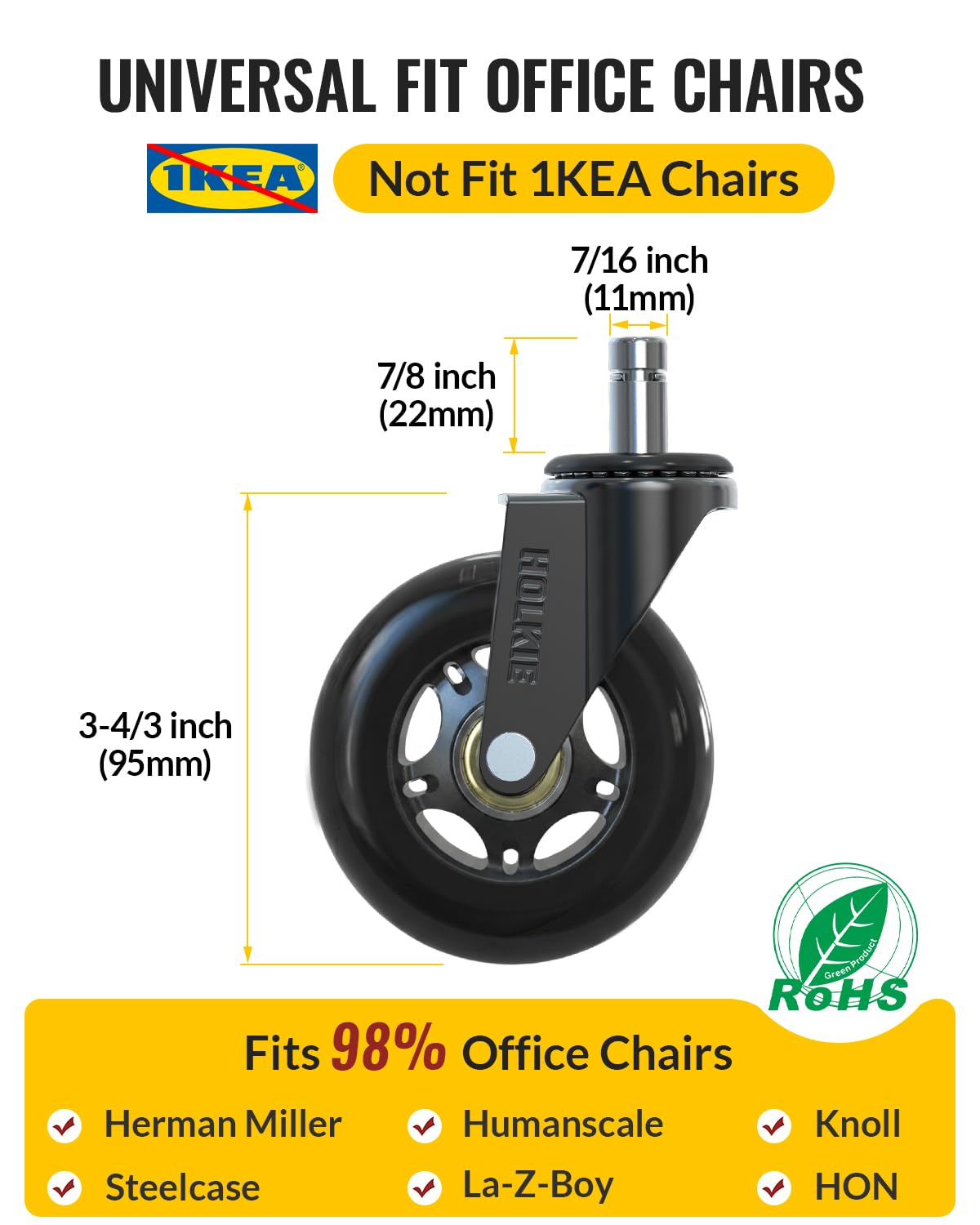 HOLKIE Office Chair Casters Wheels Black 10x22mm 3 Inch Fit 1KEA ONLY Black Castors Replacement for Carpet and Hardwood Floor