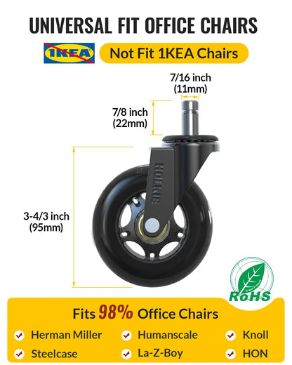 HOLKIE Office Chair Casters Wheels Black 10x22mm 3 Inch Fit 1KEA ONLY Black Castors Replacement for Carpet and Hardwood Floor
