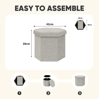 PINPLUS Chenille Ottoman Storage Box, Hexagonal Folding Stool, Silver Grey