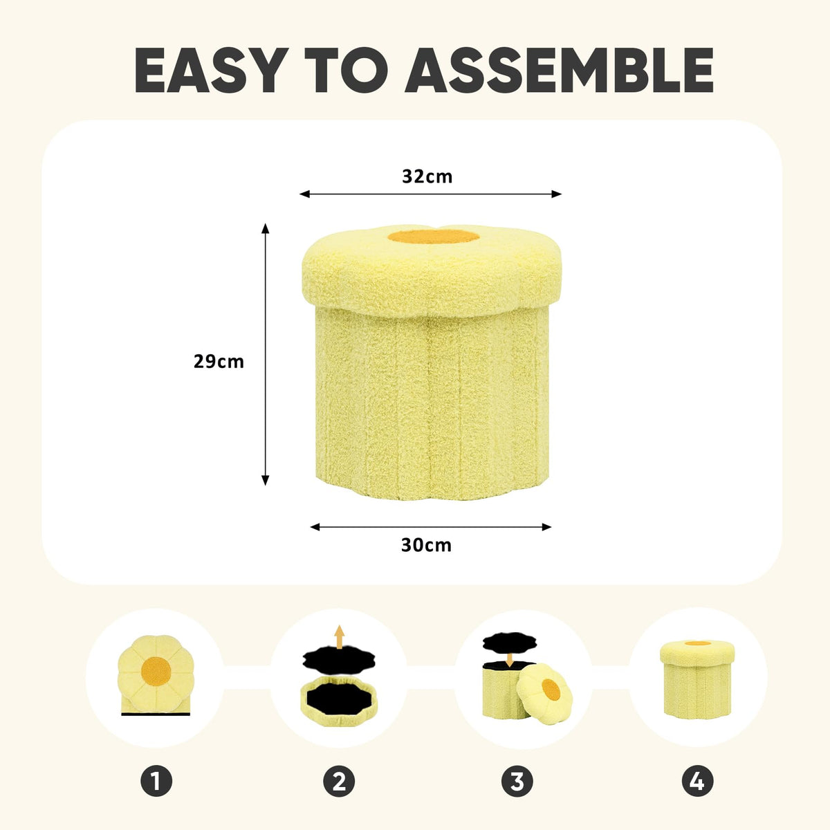 PINPLUS Small Folding Storage Ottoman with Lid, 32x32x29 cm, Yellow