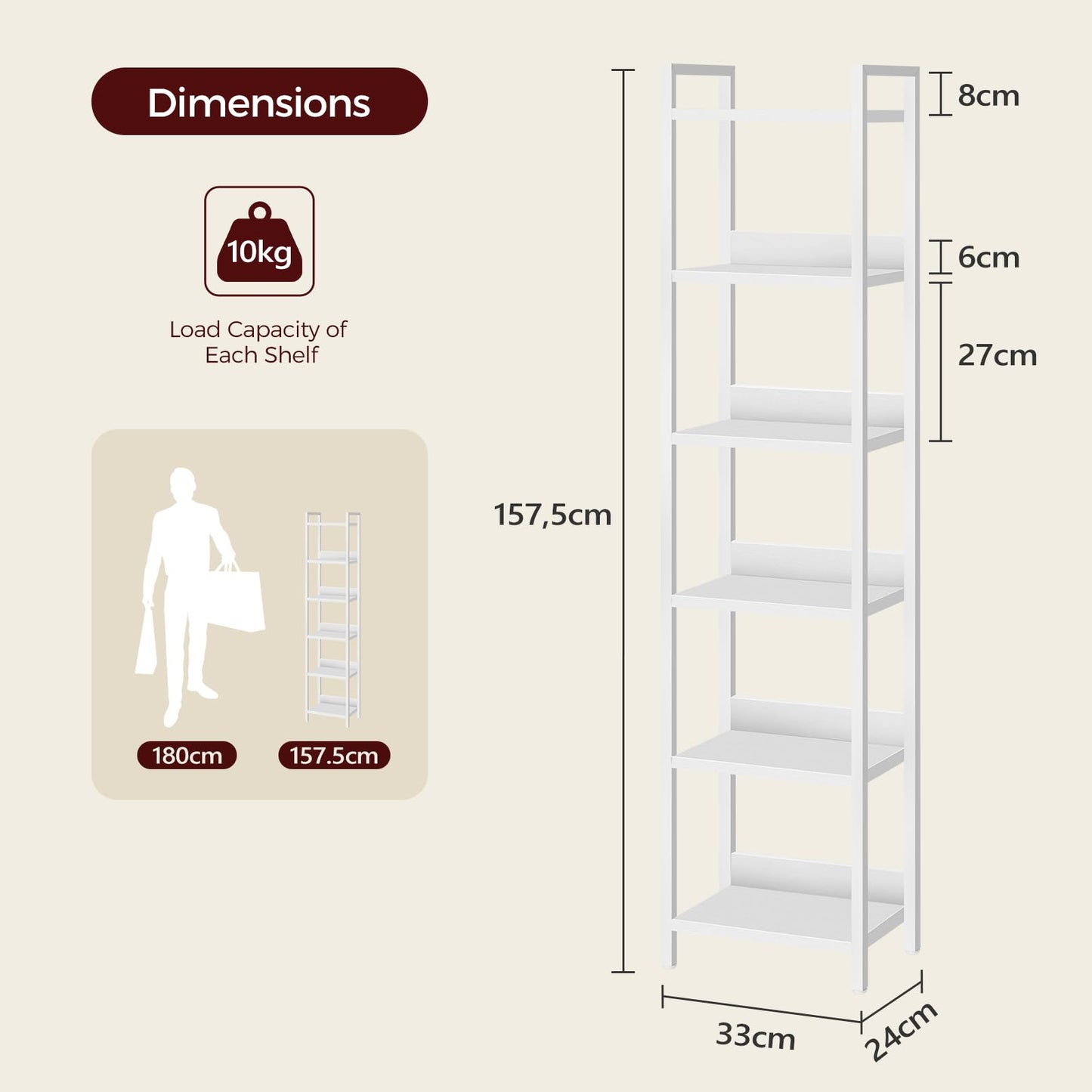 MAHANCRIS Bookshelf, 6-Tier Bookcase, Standing Book Shelf for Small Space, Storage Shelf Organizer, for Living Room, Bedroom, Study, Balcony