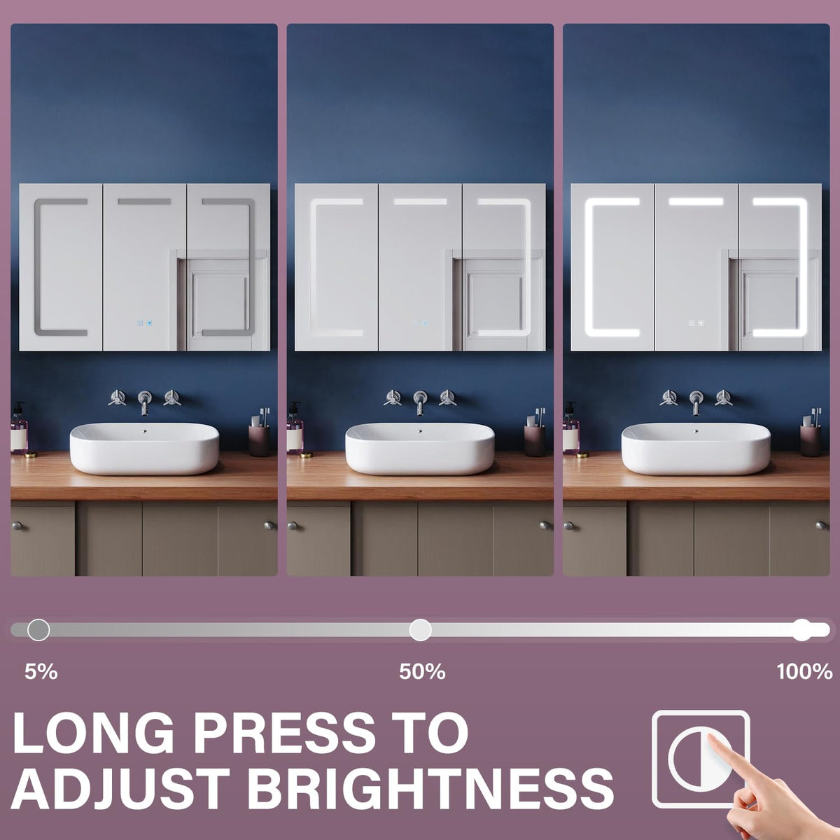 ZANOFIRA 3 Door Illuminated Bathroom Mirror Cabinet, Fully Assembled Large Wall Mounted Cabinet Storage with Shaver Socket, 3 Colors Dimmable