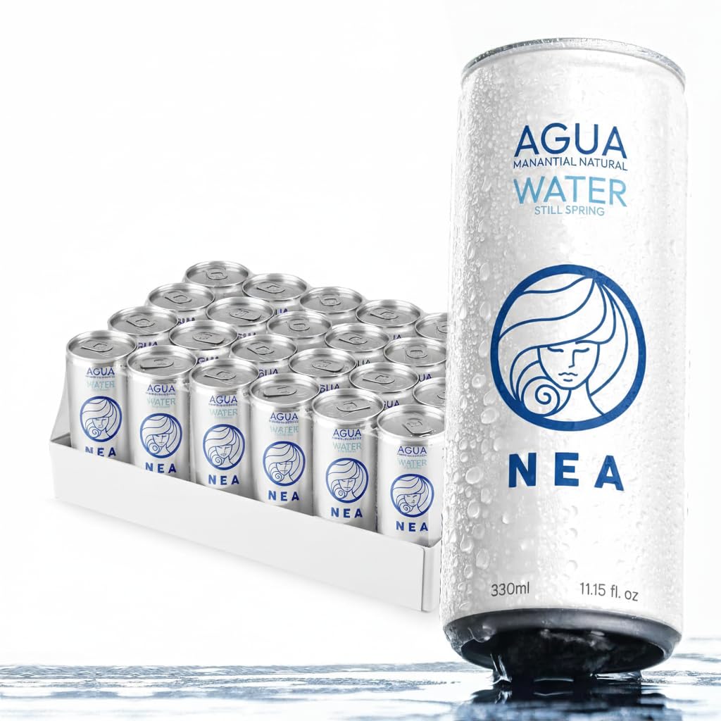 Mineral water canned NEA. Natural Mineral Water - Pack 24 units x 33cl. Cardboard water of 24 cans of 33cl. Canned mineral water. Mineral water pack
