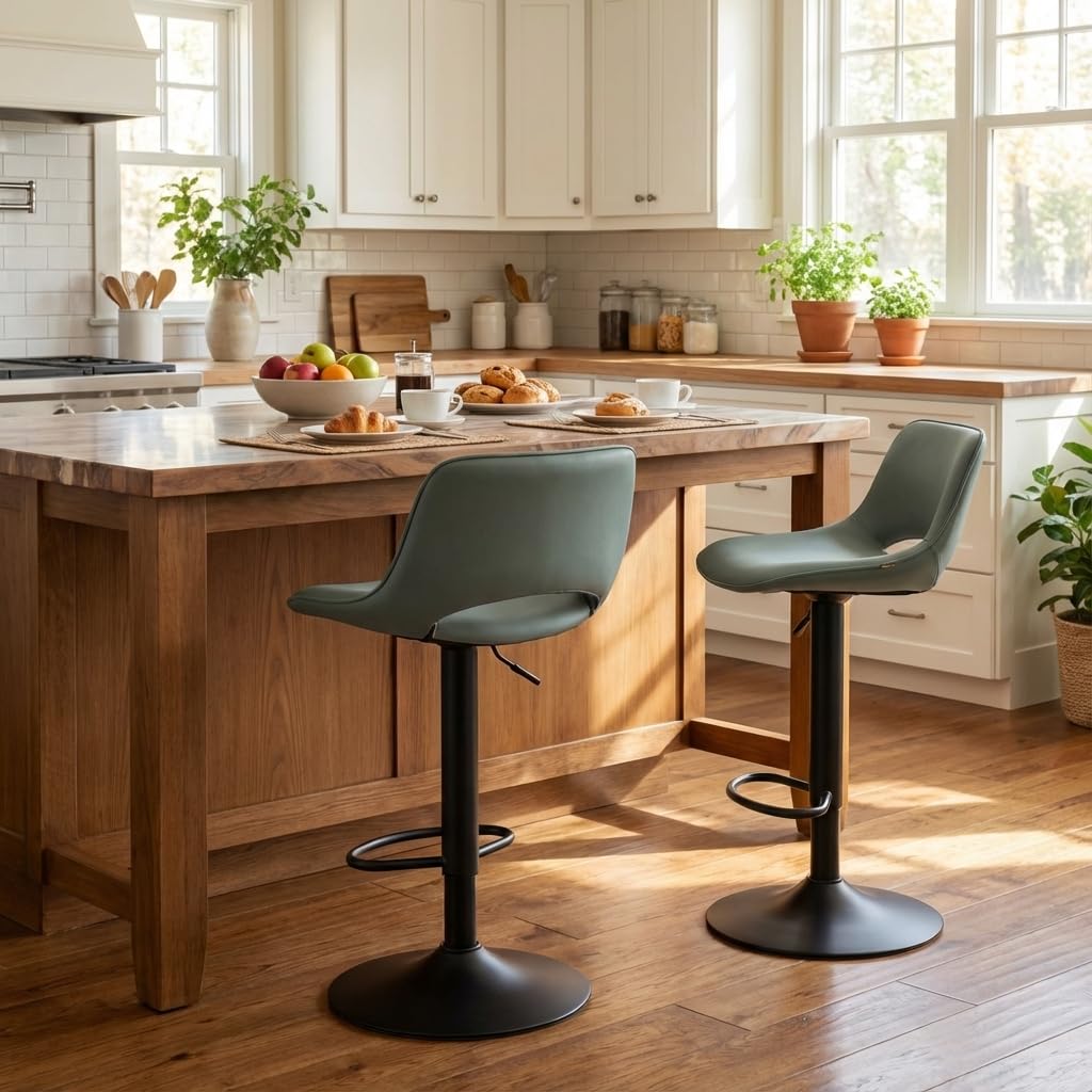 YOUNIKE Bar Stools Set of 2 Modern Swivel Barstools, Adjustable Counter Height Bar Chairs Faux Leather Upholstered Counter Stools with Hollow Back