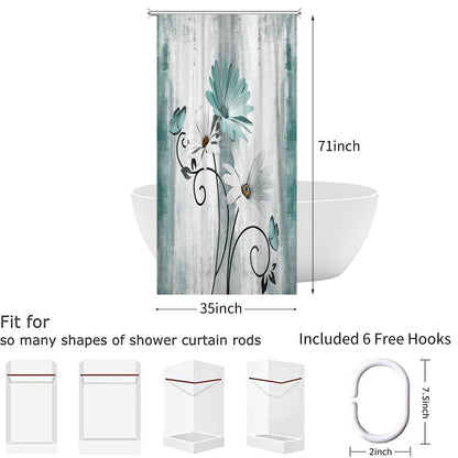 Hnmdmyi Farmhouse Floral Shower Curtain 90x180, Rustic Turquoise Daisy Flowers and Butterfly on Country Wooden Board Bathroom Curtains Waterproof